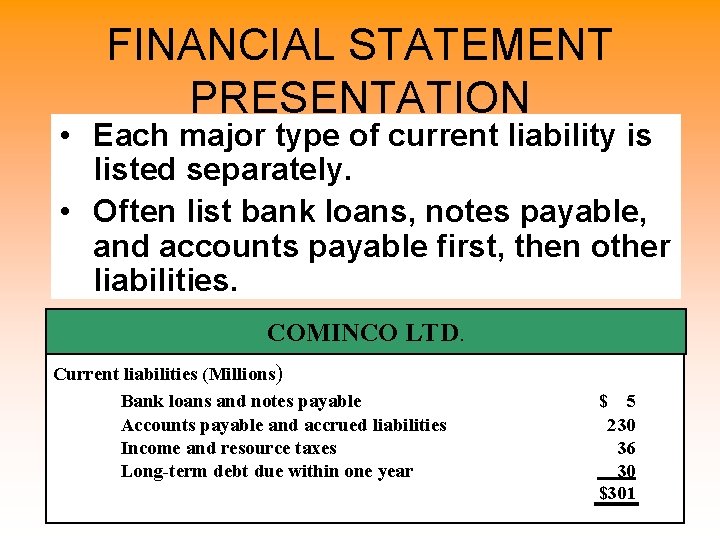 FINANCIAL STATEMENT PRESENTATION • Each major type of current liability is listed separately. •