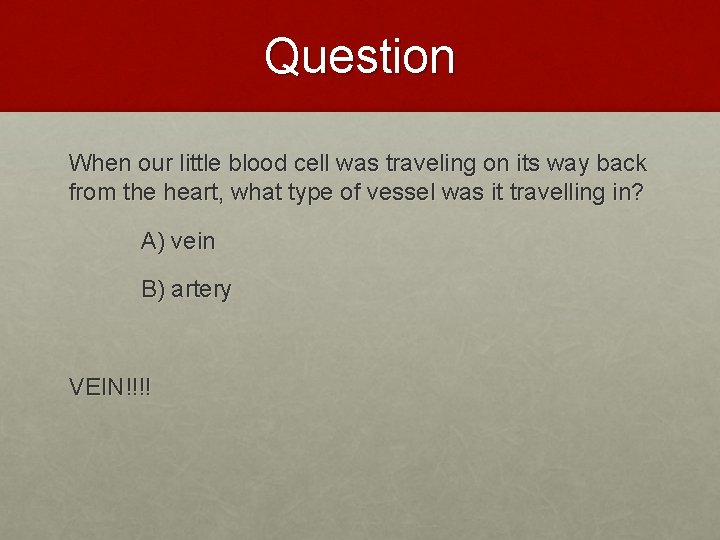Question When our little blood cell was traveling on its way back from the