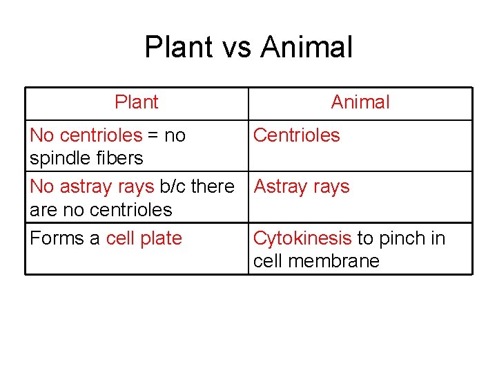 Plant vs Animal Plant Animal No centrioles = no Centrioles spindle fibers No astray