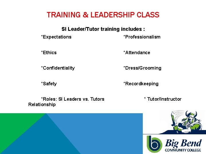 TRAINING & LEADERSHIP CLASS SI Leader/Tutor training includes : *Expectations *Professionalism *Ethics *Attendance *Confidentiality