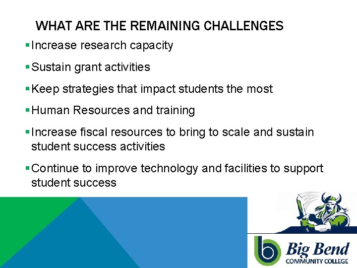 WHAT ARE THE REMAINING CHALLENGES § Increase research capacity § Sustain grant activities §