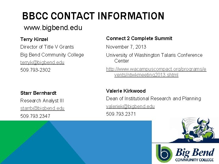 BBCC CONTACT INFORMATION www. bigbend. edu Terry Kinzel Connect 2 Complete Summit Director of