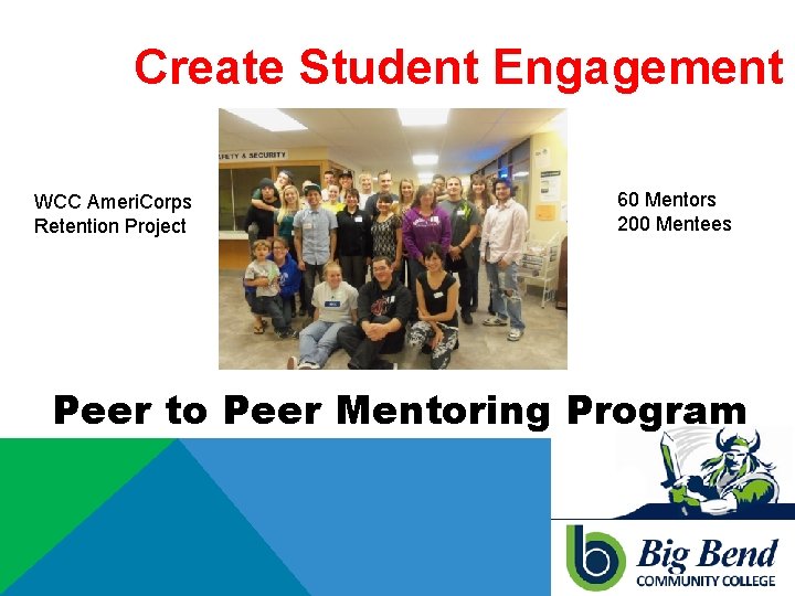 Create Student Engagement WCC Ameri. Corps Retention Project 60 Mentors 200 Mentees Peer to