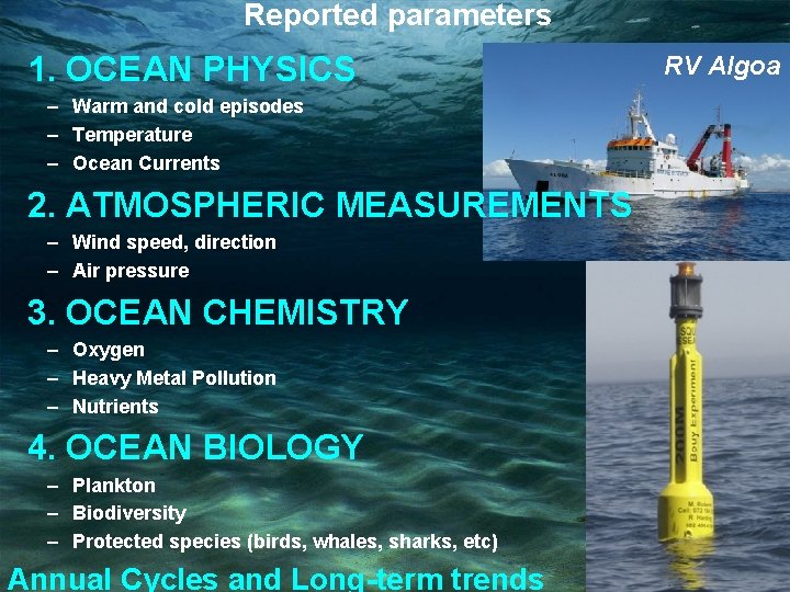Reported parameters 1. OCEAN PHYSICS – Warm and cold episodes – Temperature – Ocean