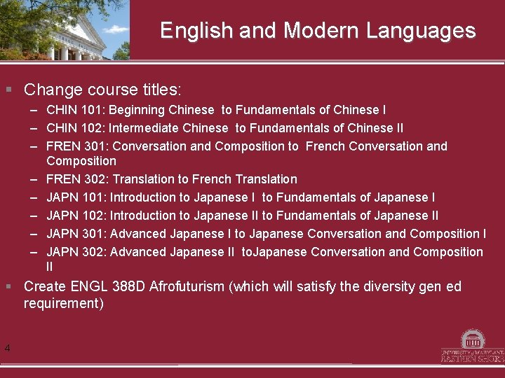 English and Modern Languages § Change course titles: – CHIN 101: Beginning Chinese to