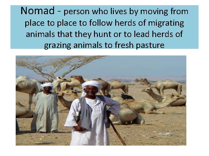 Nomad - person who lives by moving from place to follow herds of migrating
