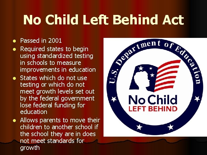No Child Left Behind Act Passed in 2001 l Required states to begin using