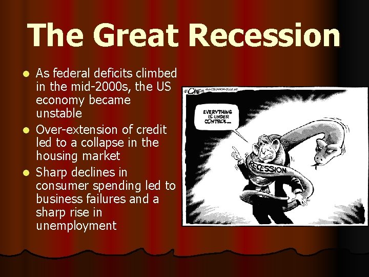 The Great Recession As federal deficits climbed in the mid-2000 s, the US economy