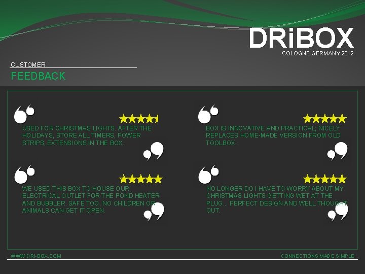 DRi. BOX COLOGNE GERMANY 2012 CUSTOMER FEEDBACK USED FOR CHRISTMAS LIGHTS. AFTER THE HOLIDAYS,