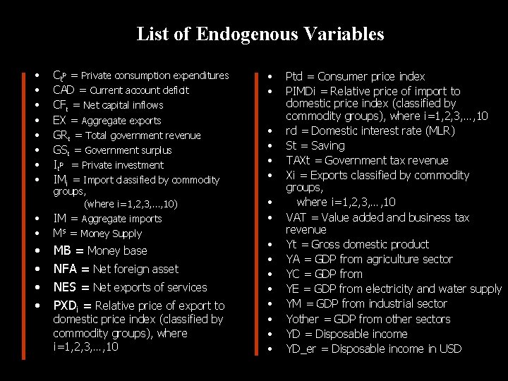 List of Endogenous Variables • • • • Ctp = Private consumption expenditures CAD