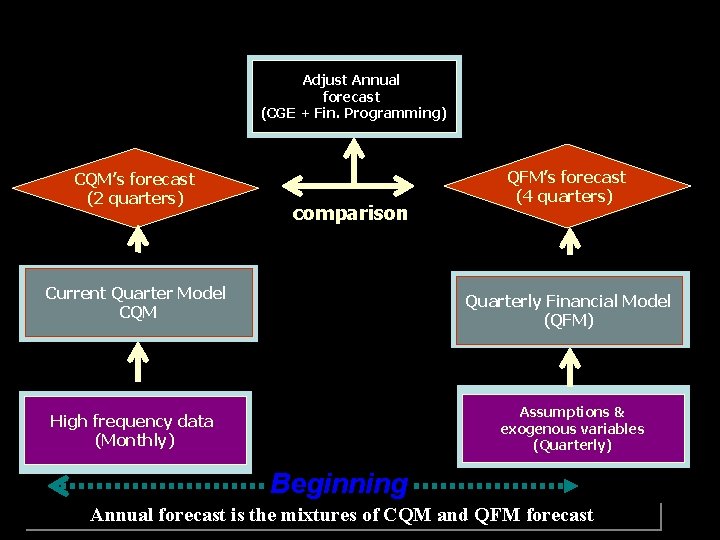 Adjust Annual forecast (CGE + Fin. Programming) CQM’s forecast (2 quarters) comparison Current Quarter