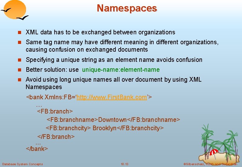 Namespaces n XML data has to be exchanged between organizations n Same tag name