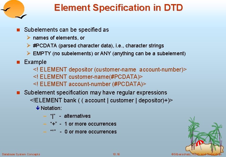 Element Specification in DTD n Subelements can be specified as Ø names of elements,