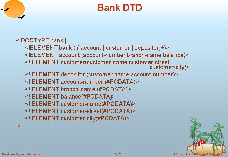 Bank DTD <!DOCTYPE bank [ <!ELEMENT bank ( ( account | customer | depositor)+)>