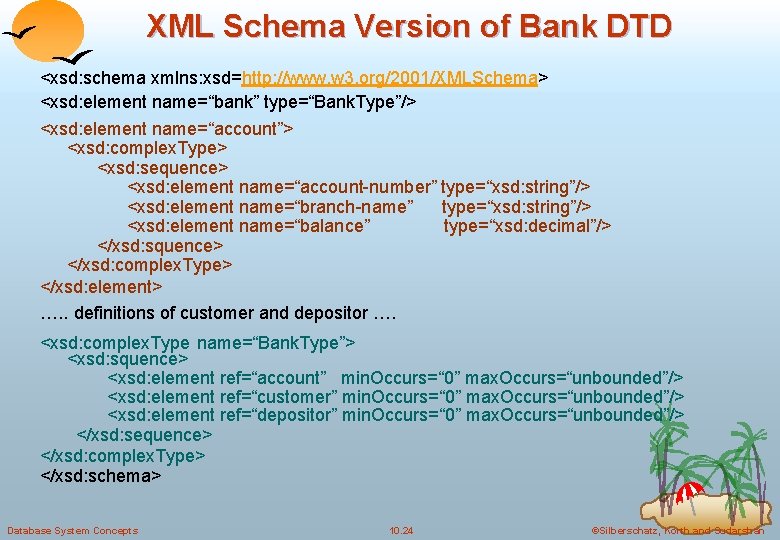 XML Schema Version of Bank DTD <xsd: schema xmlns: xsd=http: //www. w 3. org/2001/XMLSchema>