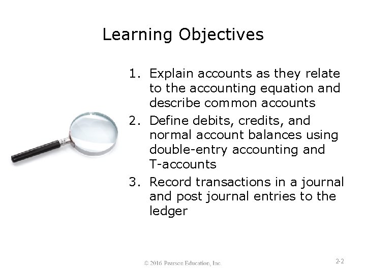 Learning Objectives 1. Explain accounts as they relate to the accounting equation and describe