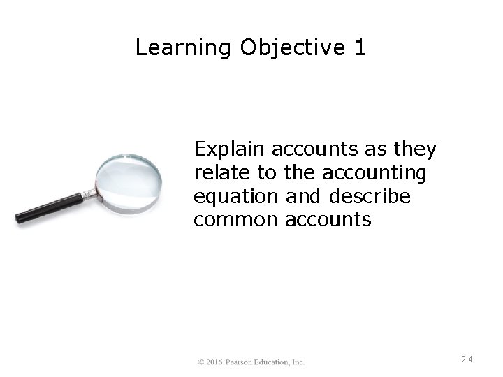 Learning Objective 1 Explain accounts as they relate to the accounting equation and describe