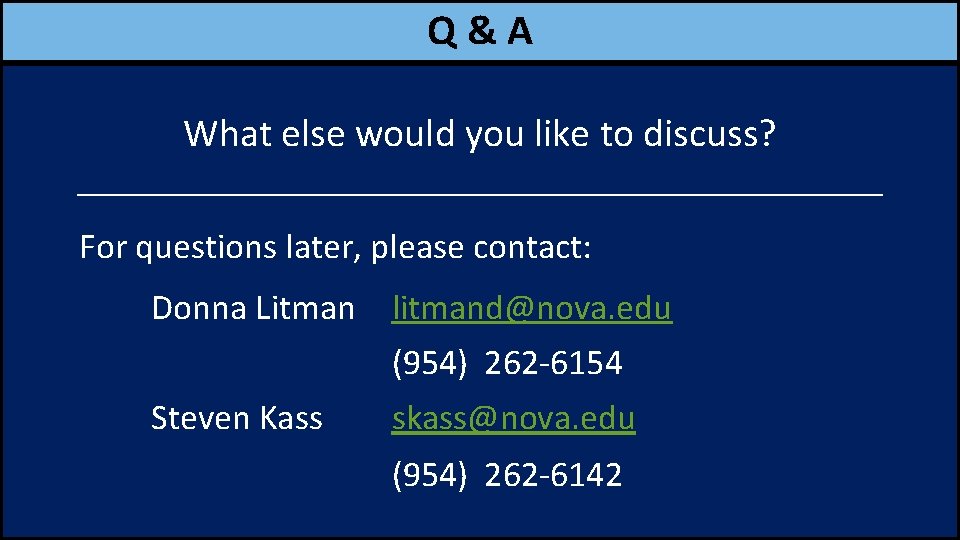 Q&A What else would you like to discuss? _______________________ For questions later, please contact: