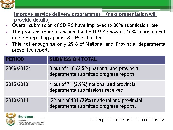 Improve service delivery programmes (next presentation will provide details) • Overall submission of SDIPS
