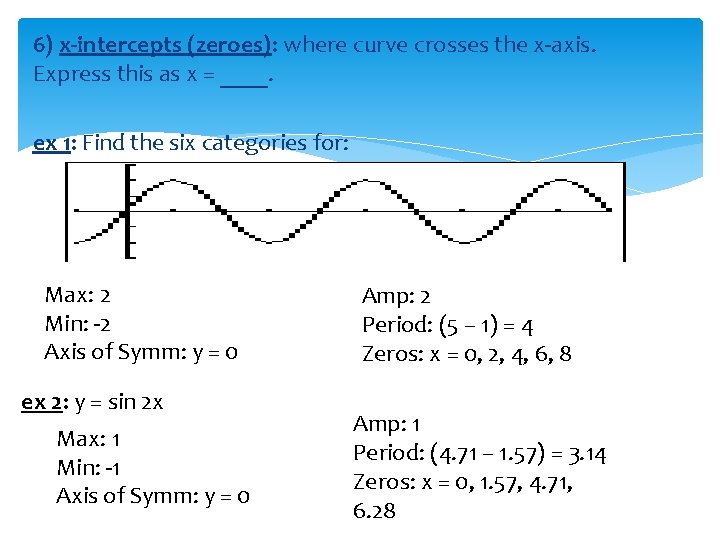 6) x-intercepts (zeroes): where curve crosses the x-axis. Express this as x = ____.