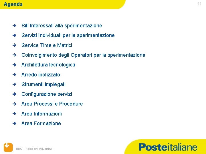 Agenda Siti Interessati alla sperimentazione Servizi Individuati per la sperimentazione Service Time e Matrici