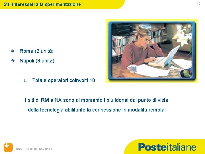 Siti interessati alla sperimentazione Roma (2 unità) Napoli (8 unità) Totale operatori coinvolti 10