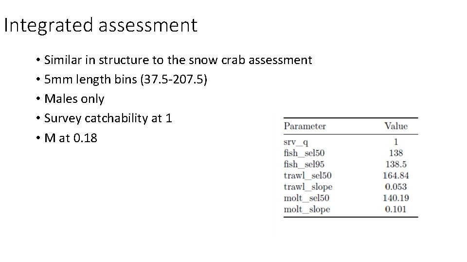 Integrated assessment • Similar in structure to the snow crab assessment • 5 mm
