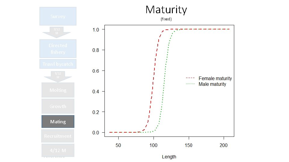 Survey 3/12 M Directed fishery Trawl bycatch 5/12 M Molting Growth Mating Recruitment 4/12