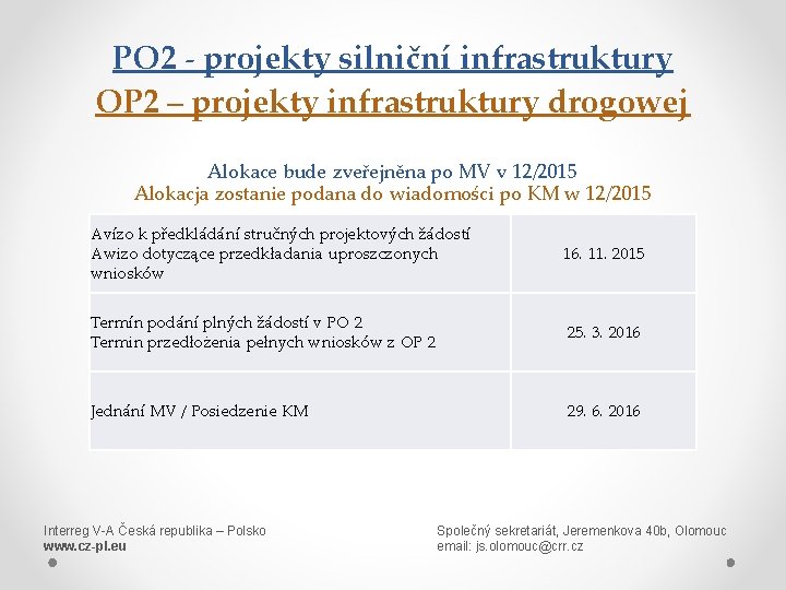 PO 2 - projekty silniční infrastruktury OP 2 – projekty infrastruktury drogowej Alokace bude