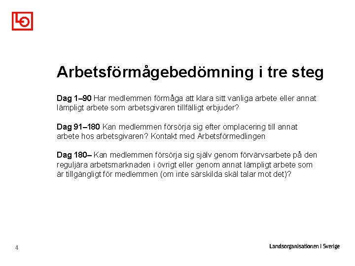 Arbetsförmågebedömning i tre steg Dag 1– 90 Har medlemmen förmåga att klara sitt vanliga