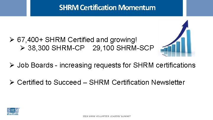 SHRM Certification Momentum Ø 67, 400+ SHRM Certified and growing! Ø 38, 300 SHRM-CP