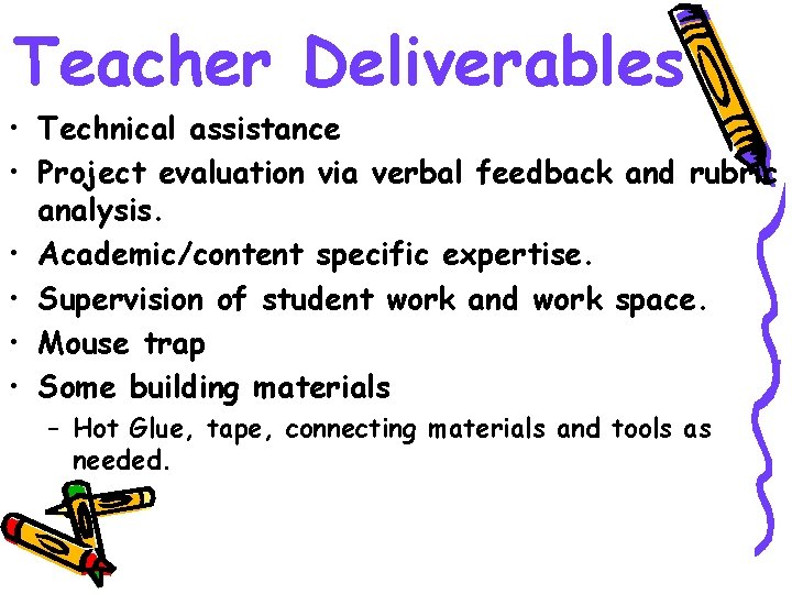 Teacher Deliverables • Technical assistance • Project evaluation via verbal feedback and rubric analysis.