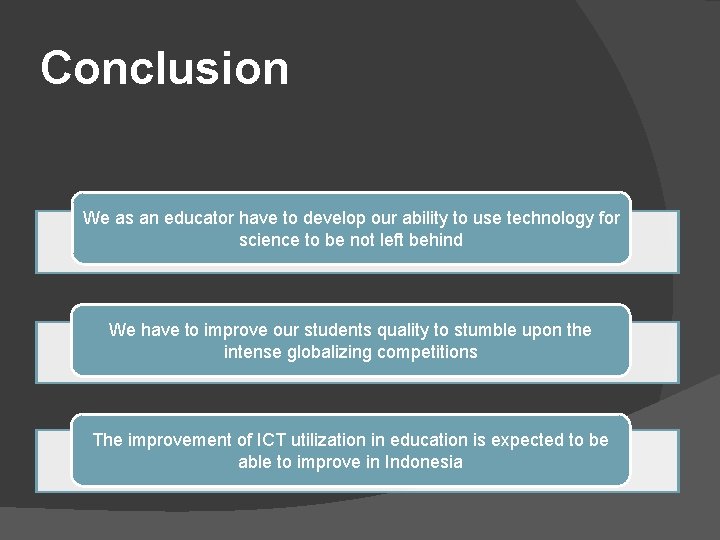 Conclusion We as an educator have to develop our ability to use technology for