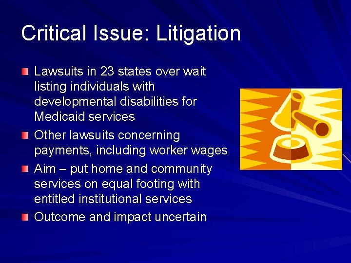 Critical Issue: Litigation Lawsuits in 23 states over wait listing individuals with developmental disabilities
