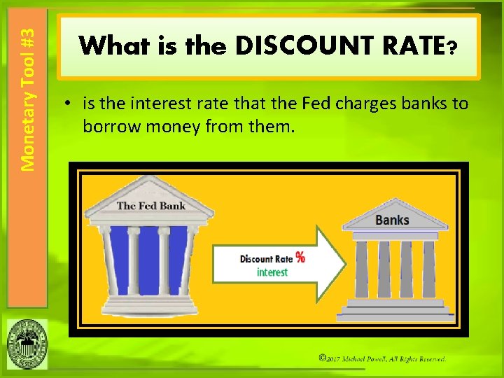 Monetary Tool #3 What is the DISCOUNT RATE? • is the interest rate that
