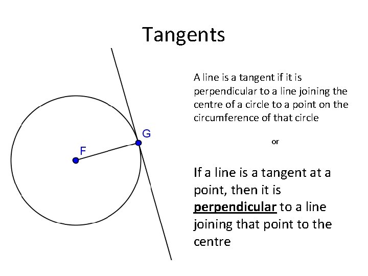 Tangents A line is a tangent if it is perpendicular to a line joining