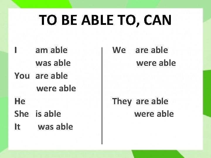 TO BE ABLE TO, CAN I am able was able You are able were TO BE ABLE TO, CAN I am able was able You are able were