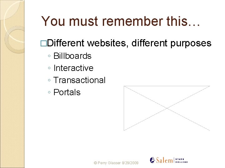 You must remember this… �Different websites, different purposes ◦ Billboards ◦ Interactive ◦ Transactional