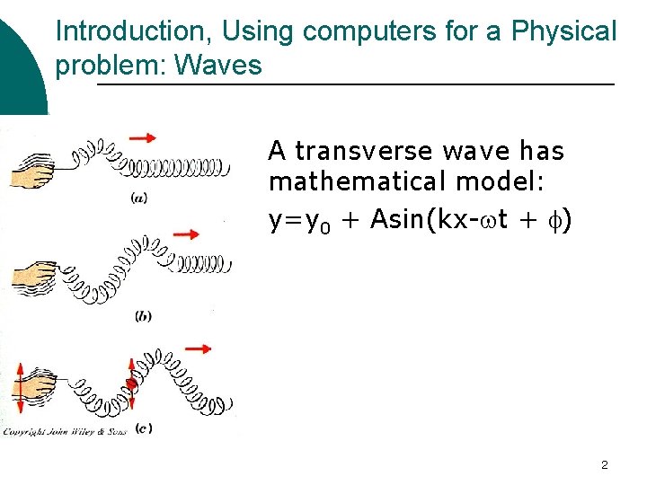 Introduction, Using computers for a Physical problem: Waves A transverse wave has mathematical model: