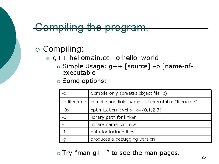 Compiling the program. ¡ Compiling: l g++ hellomain. cc –o hello_world ¡ Simple Usage: