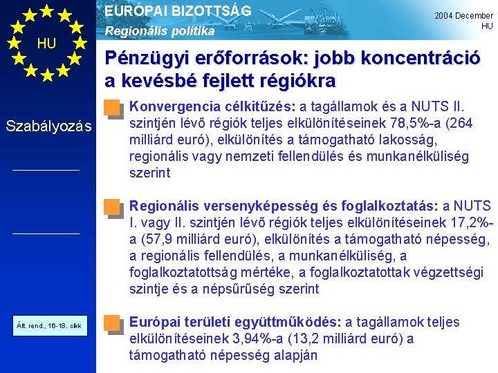 EURÓPAI BIZOTTSÁG HU Szabályozás Regionális politika 2004 December HU Pénzügyi erőforrások: jobb koncentráció a