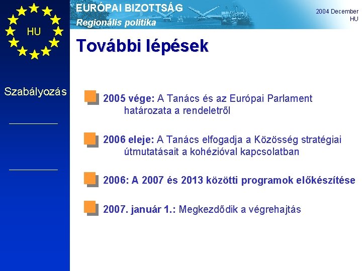 EURÓPAI BIZOTTSÁG HU Szabályozás Regionális politika 2004 December HU További lépések 2005 vége: A
