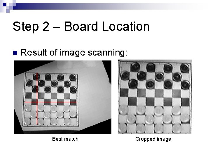 Step 2 – Board Location n Result of image scanning: Best match Cropped image Step 2 – Board Location n Result of image scanning: Best match Cropped image