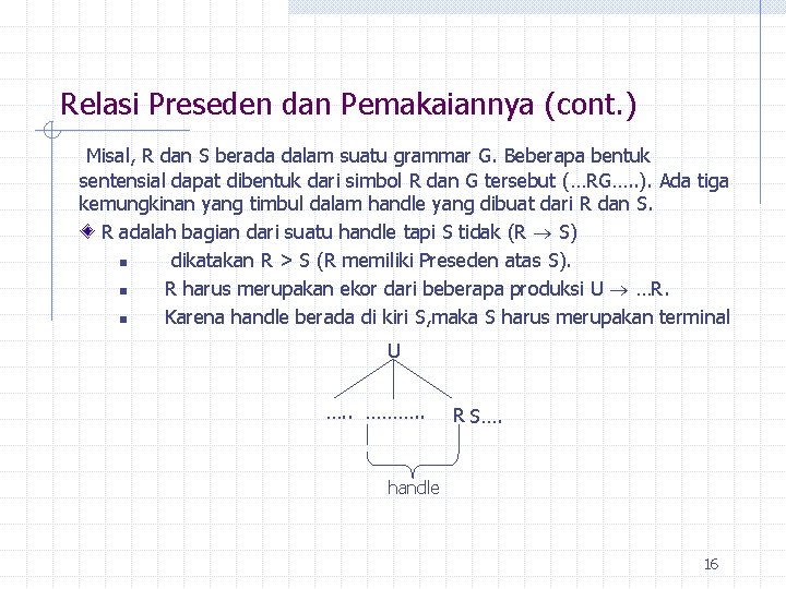 Relasi Preseden dan Pemakaiannya (cont. ) Misal, R dan S berada dalam suatu grammar