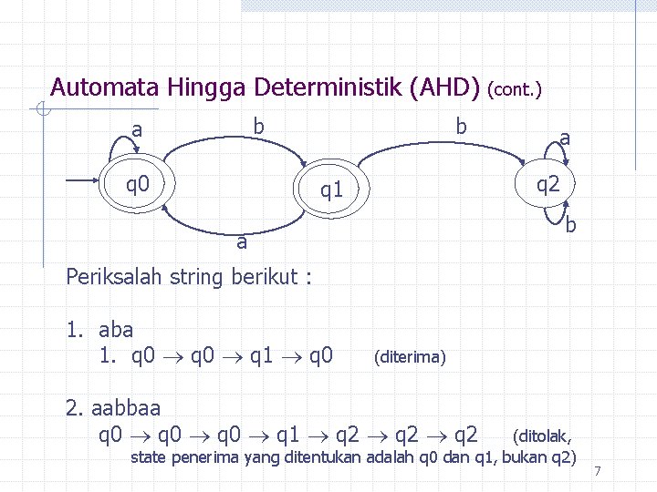 Automata Hingga Deterministik (AHD) b a q 0 b (cont. ) a q 2