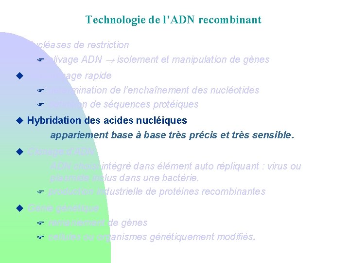 Technologie de l’ADN recombinant Nucléases de restriction F clivage ADN isolement et manipulation de