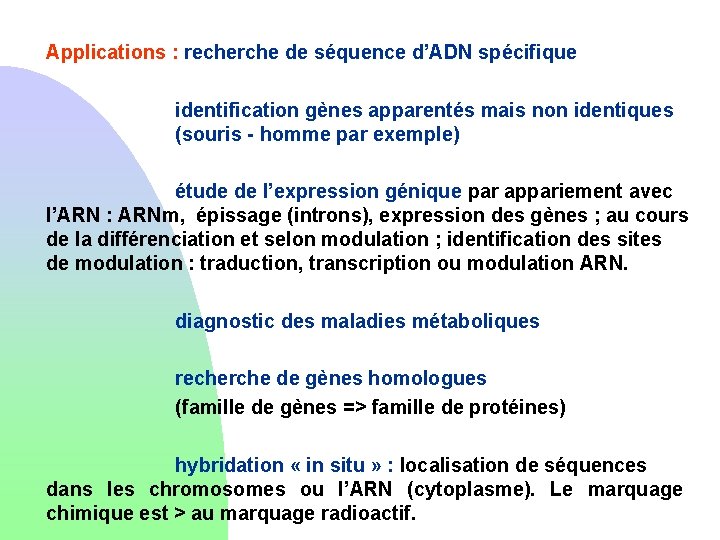 Applications : recherche de séquence d’ADN spécifique identification gènes apparentés mais non identiques (souris
