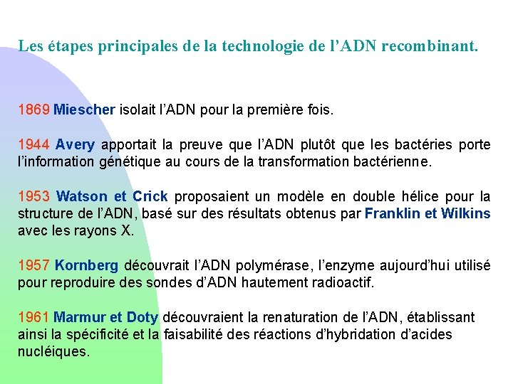 Les étapes principales de la technologie de l’ADN recombinant. 1869 Miescher isolait l’ADN pour