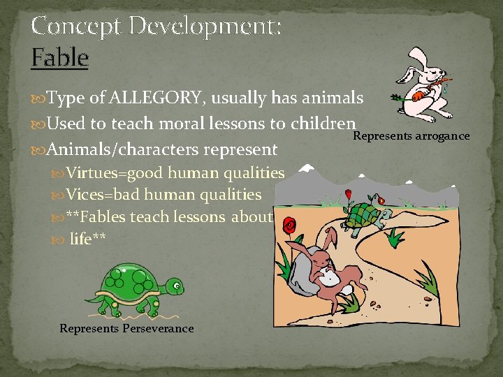 Concept Development: Fable Type of ALLEGORY, usually has animals Used to teach moral lessons