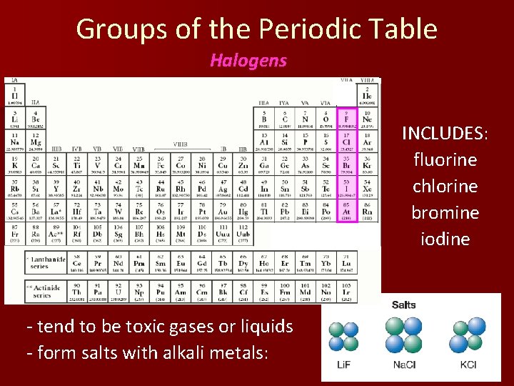 Groups of the Periodic Table Halogens INCLUDES: fluorine chlorine bromine iodine - tend to